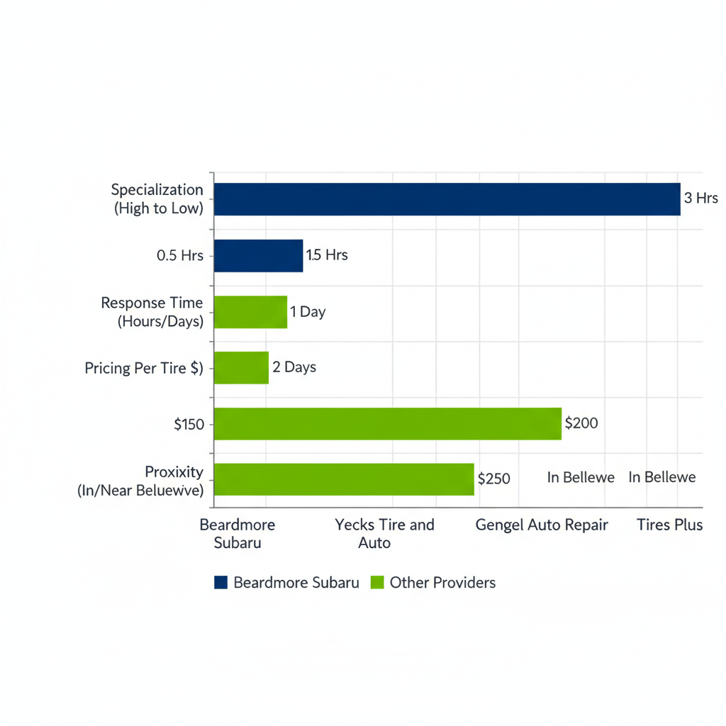 Horizontal bar chart comparing tire service providers in Bellevue: Beardmore Subaru in navy blue outperforming Yeck's Tire and Auto, Gengel Auto Repair, and Tires Plus in green across specialization, response time, pricing, and proximity metrics.