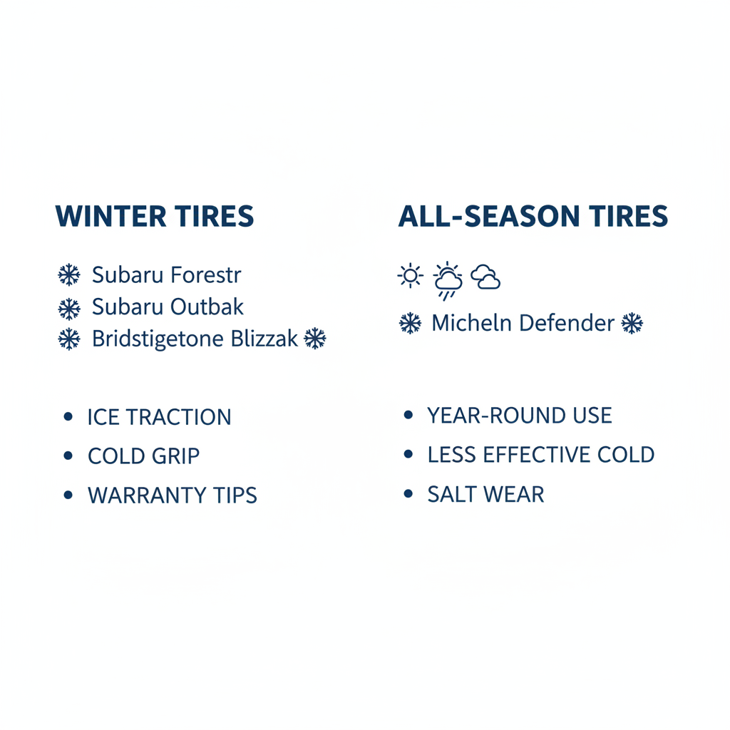 Infographic comparing winter and all-season tire recommendations for Subaru vehicles in Bellevue, Nebraska.