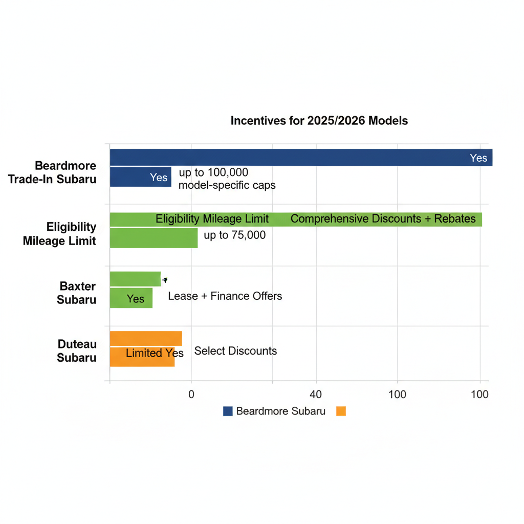 Horizontal bar chart comparing Subaru trade-in features across Beardmore, Baxter, and Duteau dealerships in Bellevue area