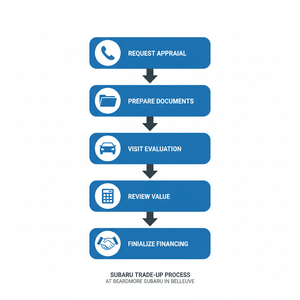 Vertical process flow diagram illustrating the five steps to start a Subaru trade-up at Beardmore Subaru dealership in Bellevue, Nebraska, featuring icons for each stage.