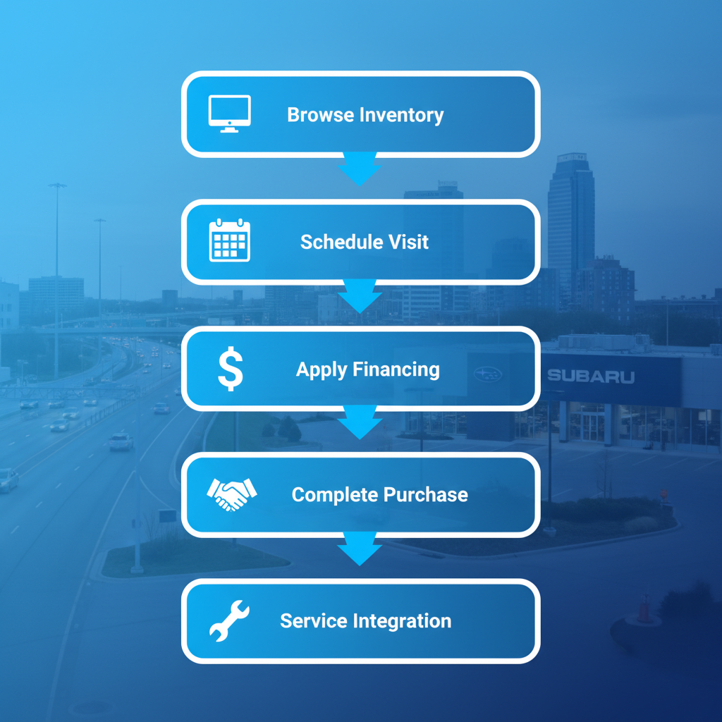 Vertical process flow diagram illustrating five key steps to start your Subaru journey at Beardmore Subaru, from browsing inventory to post-purchase service.