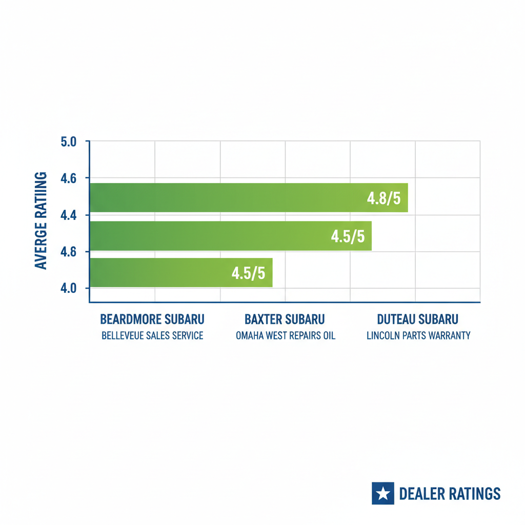 Horizontal bar chart comparing average ratings of Subaru dealerships in Omaha area: Beardmore Subaru 4.8/5 in Bellevue with sales and service, Baxter Subaru 4.5/5 in La Vista with inventory and financing, Duteau Subaru 4.6/5 with maintenance and showroom.
