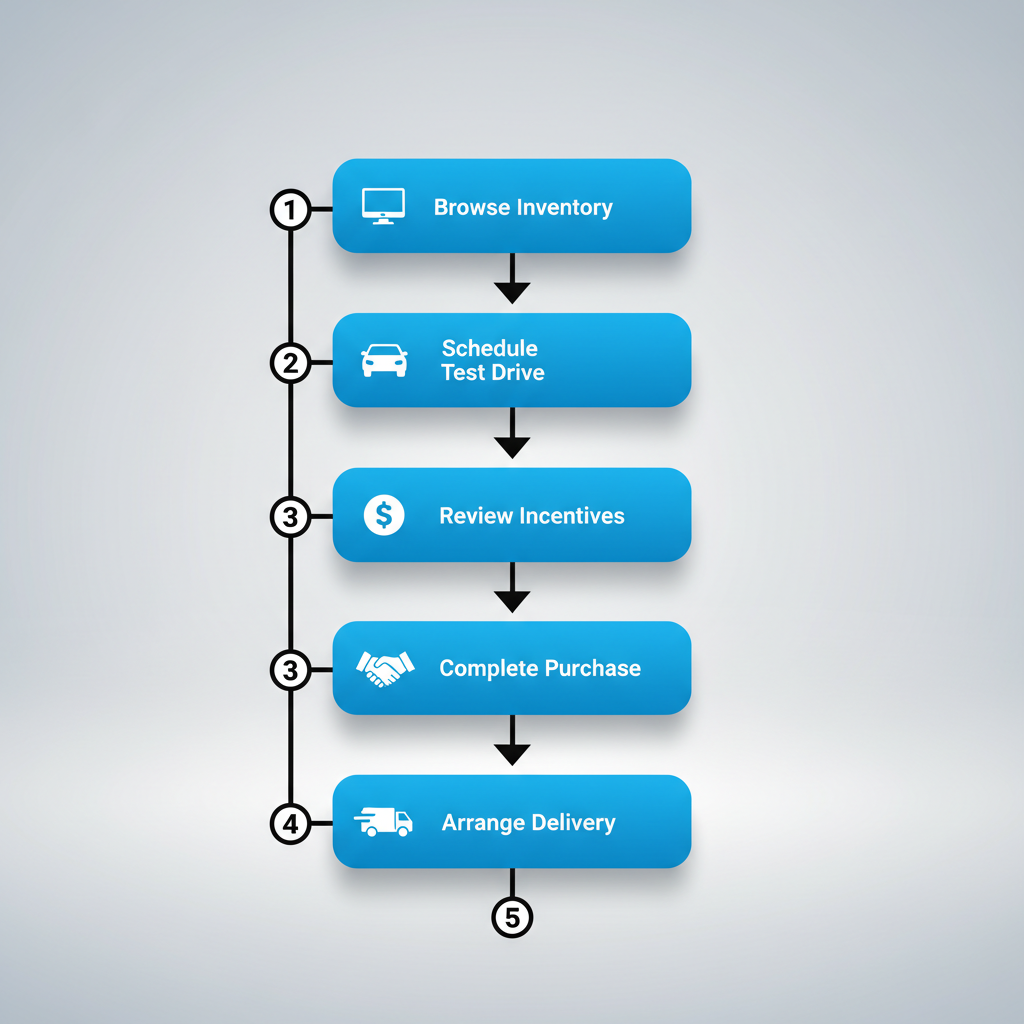 Vertical process flow diagram showing five steps to purchase a Subaru Legacy in Omaha with icons