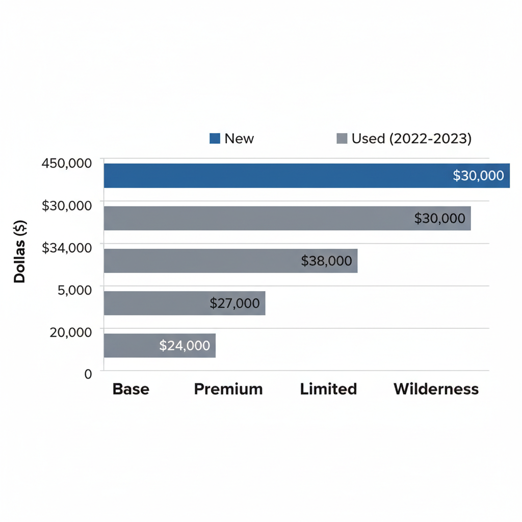 Horizontal bar chart comparing average prices for new and used Subaru Outback trims in the Omaha area