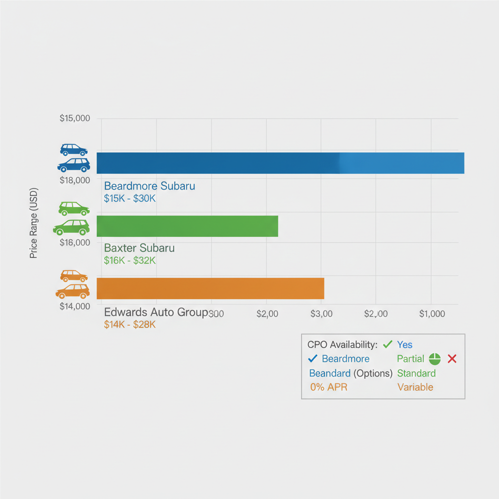 Horizontal bar chart comparing used Subaru vehicle price ranges from Beardmore Subaru, Baxter Subaru, and Edwards Auto Group in the Omaha area, with model icons and legends for CPO and financing options.