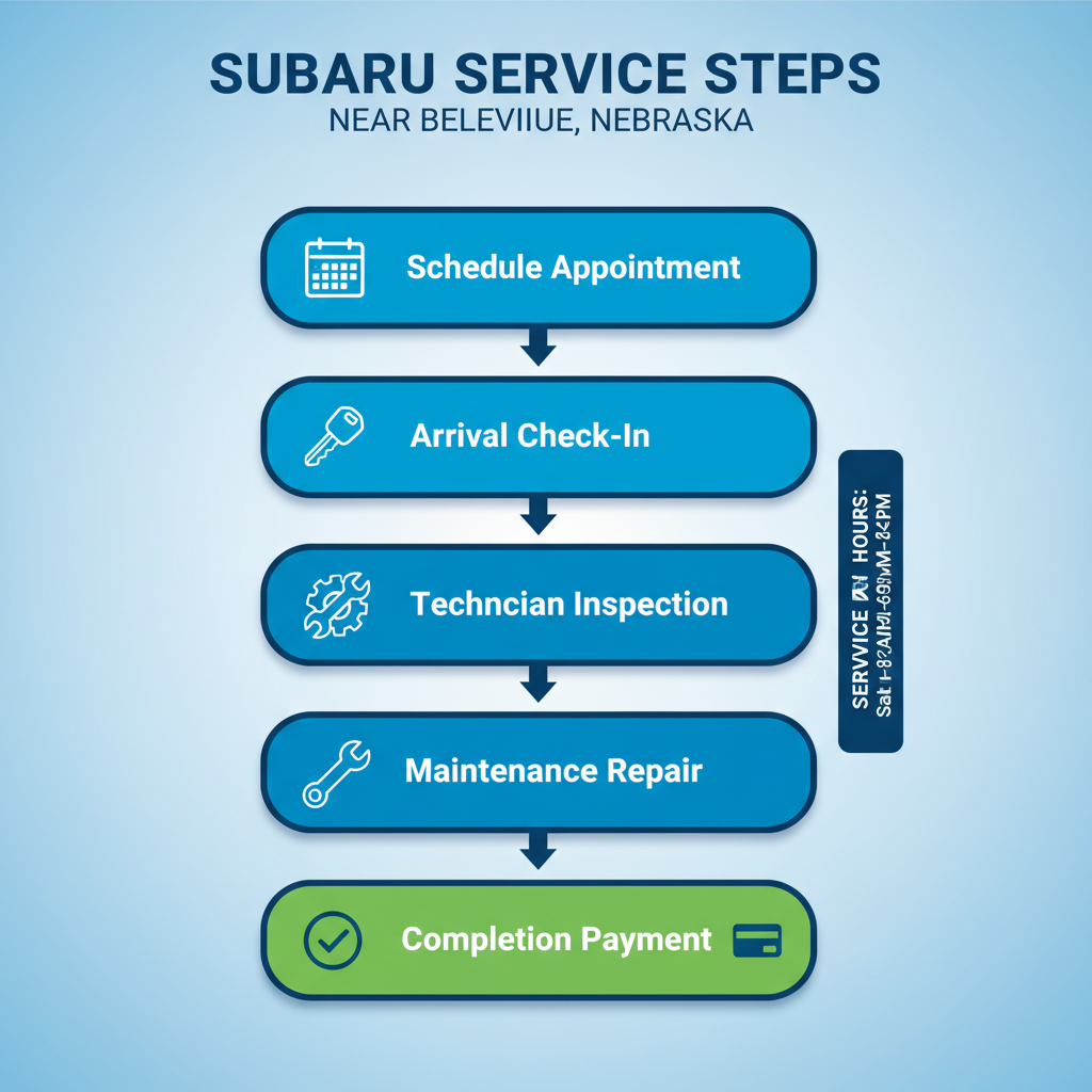 Vertical process flow diagram showing five steps for Subaru service options in Bellevue, Nebraska, with icons and color-coded stages.