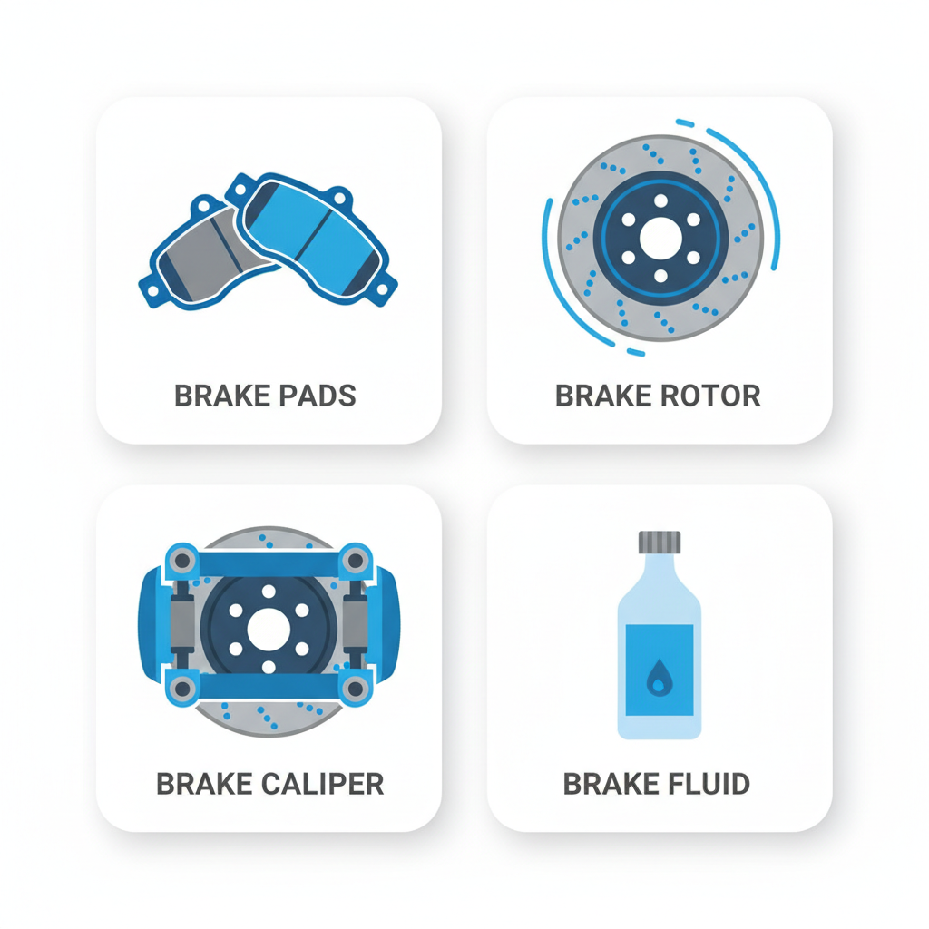 Square grid of icons showing Subaru brake pads, rotors, calipers, and fluid reservoir with labels.