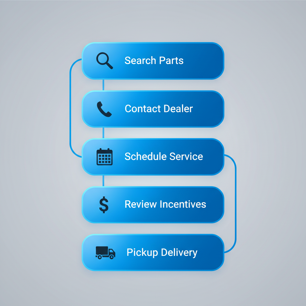 Vertical process flow diagram illustrating five steps to start Subaru parts and service in Omaha, including search, contact, scheduling, financing review, and delivery.
