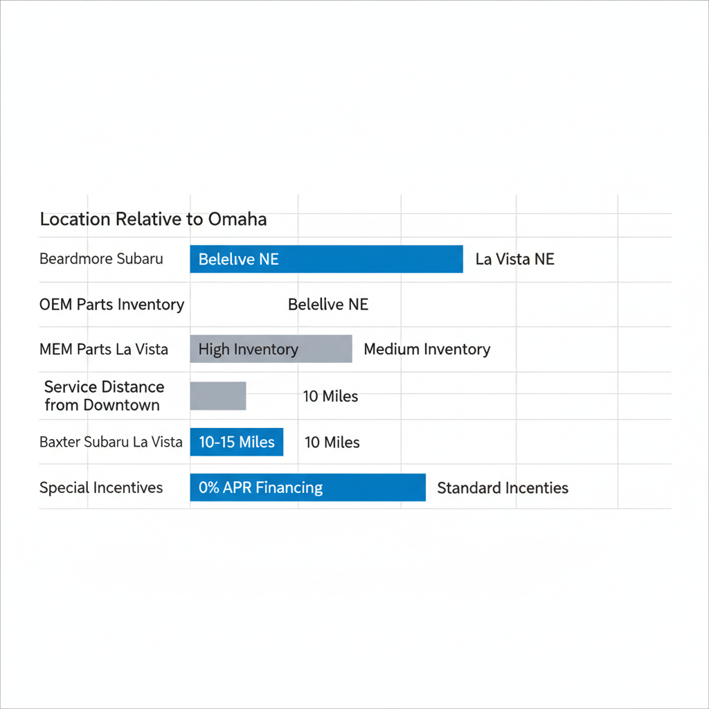 Horizontal bar chart comparing key metrics of Beardmore Subaru and Baxter Subaru La Vista dealerships near Omaha, Nebraska