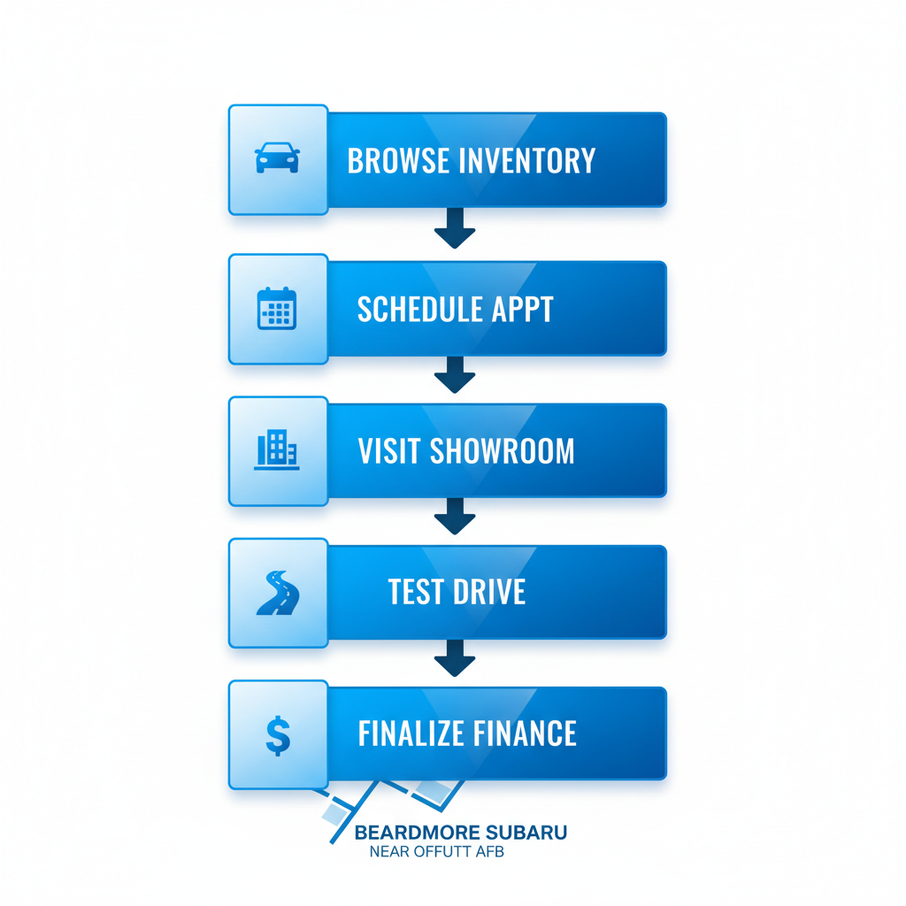Vertical process flow diagram showing five steps to buy or service a Subaru at Beardmore near Offutt AFB