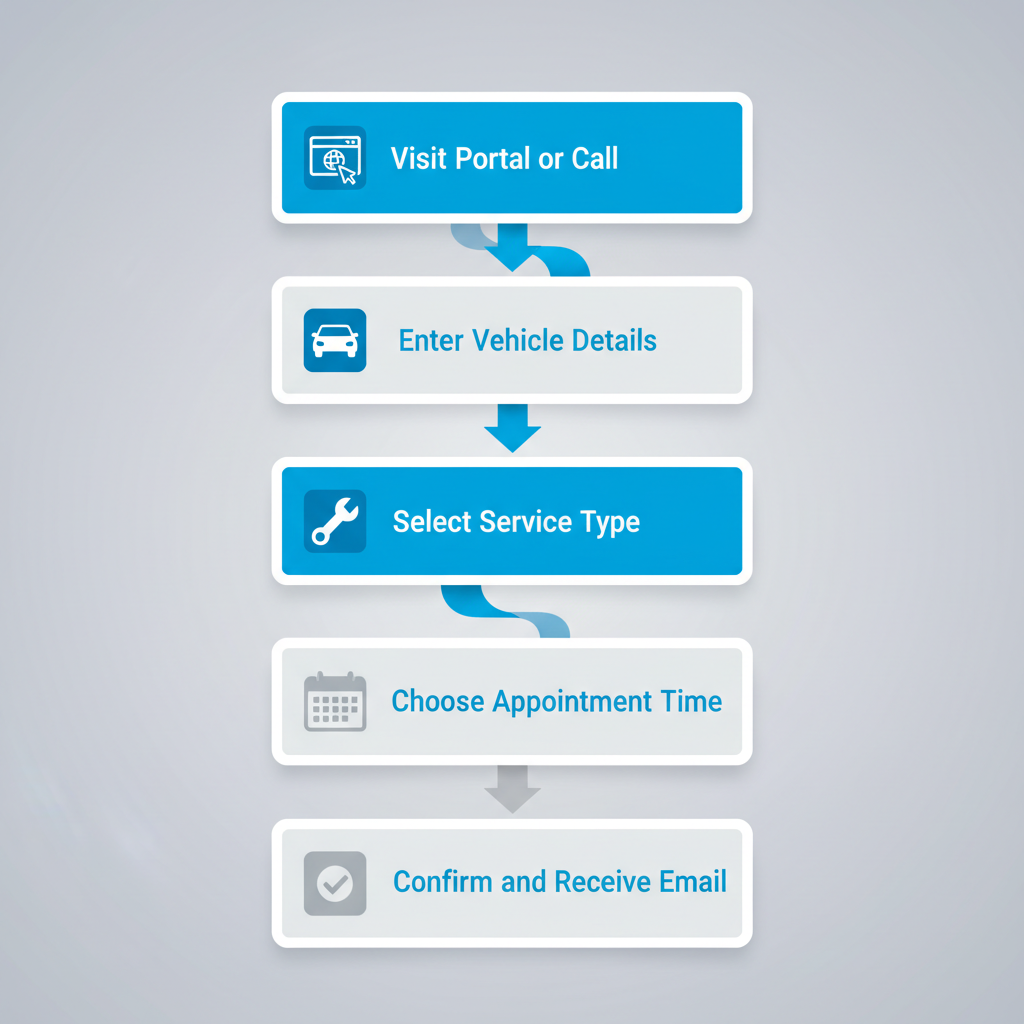 Vertical process flow diagram illustrating five steps for scheduling Subaru service appointment at Beardmore Subaru, including visit portal, enter details, select service, choose time, and confirm.