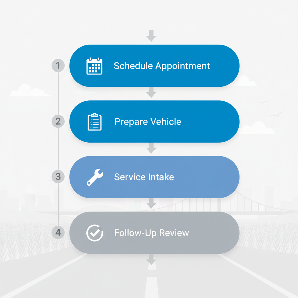 Vertical process flow diagram showing four steps to begin Subaru service at Beardmore Subaru dealership