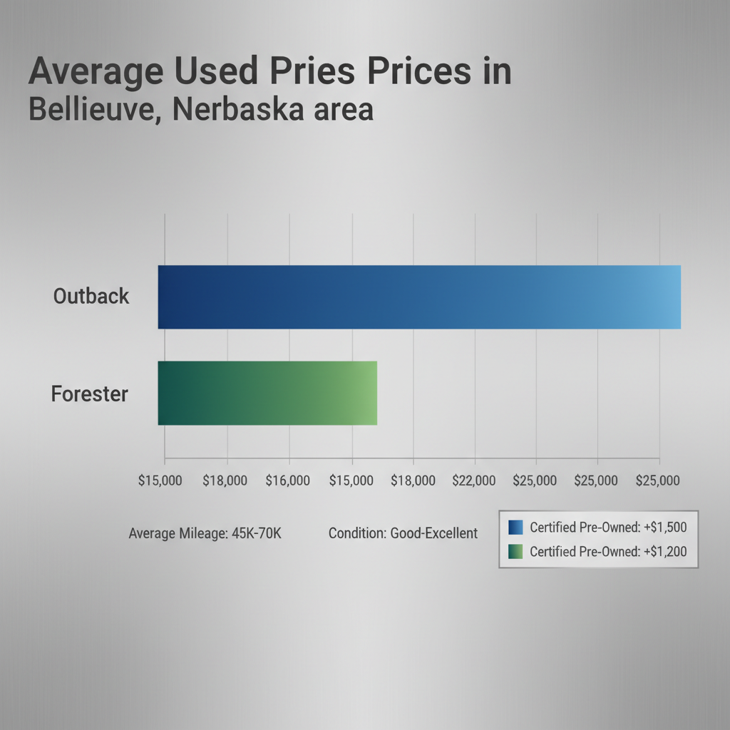 Horizontal bar chart of average used Subaru Outback and Forester prices in Bellevue, Nebraska