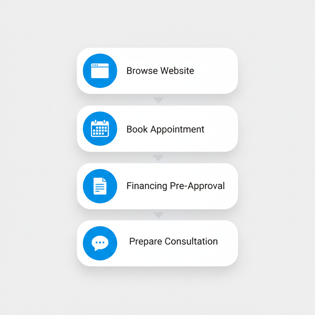 Vertical process flow diagram showing four steps to engage with a local Subaru dealer: browsing website, booking appointment, financing pre-approval, and preparing for consultation.