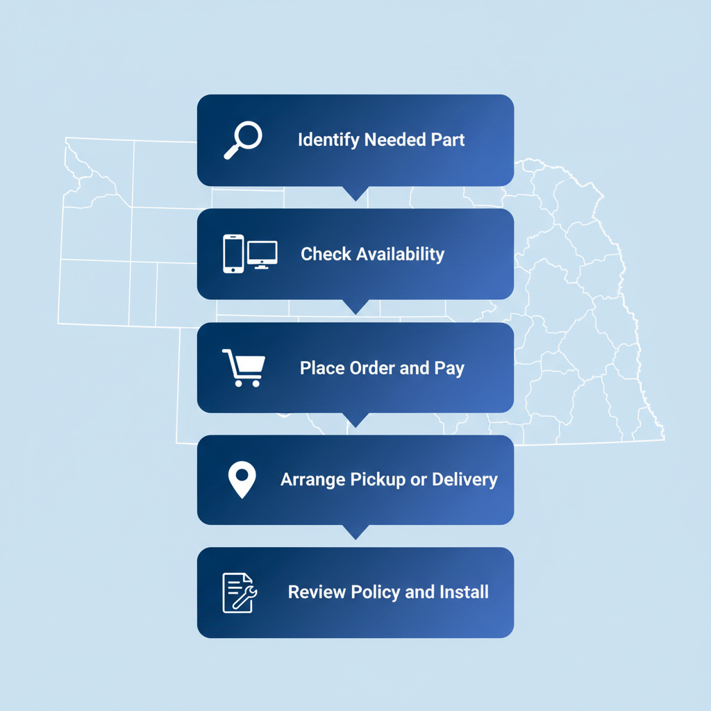 Vertical process flow diagram illustrating five steps to purchase authentic Subaru parts locally in Omaha, Nebraska, using icons and minimal labels.