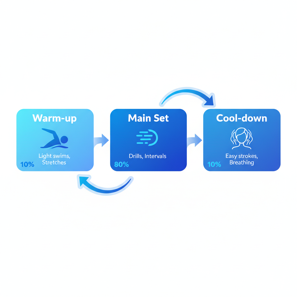 Horizontal process flow diagram illustrating the three phases of an ideal swim workout: warm-up, main set, and cool-down