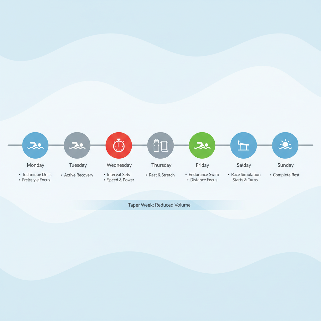Horizontal timeline illustrating a weekly swim training routine for competitive swimmers, highlighting technique, intervals, and endurance days with swim icons.