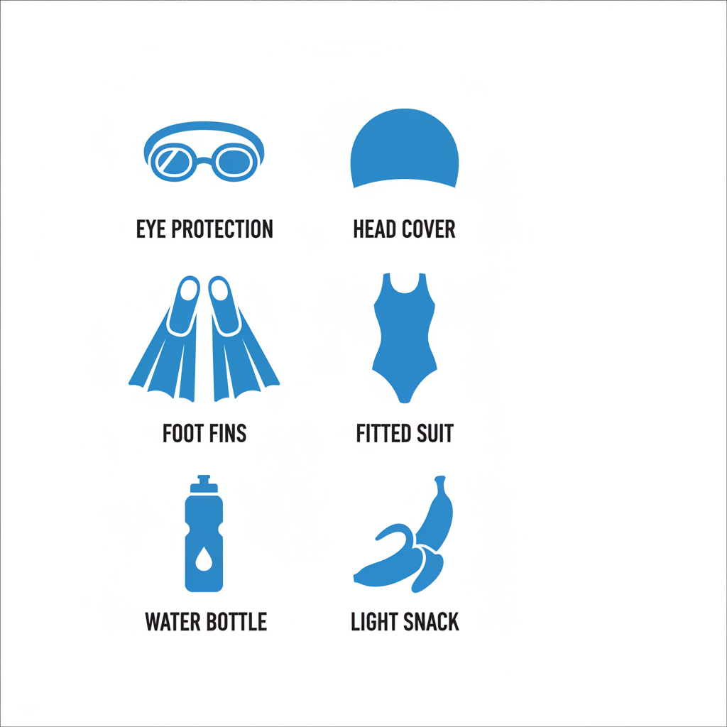 Grid of six flat blue icons illustrating essential pre-swim gear: goggles, swim cap, fins, swimsuit, water bottle, and banana snack, with simple labels.