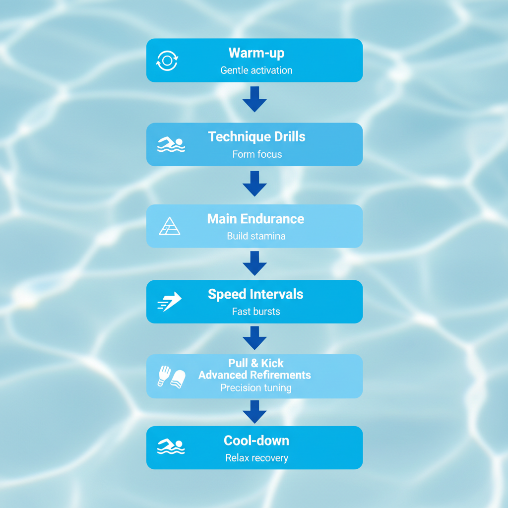 Vertical flowchart illustrating seven stages of a 2000-yard swimming workout: warm-up, technique drills, endurance sets, speed intervals, pull and kick, advanced refinements, and cool-down with icons and connections.