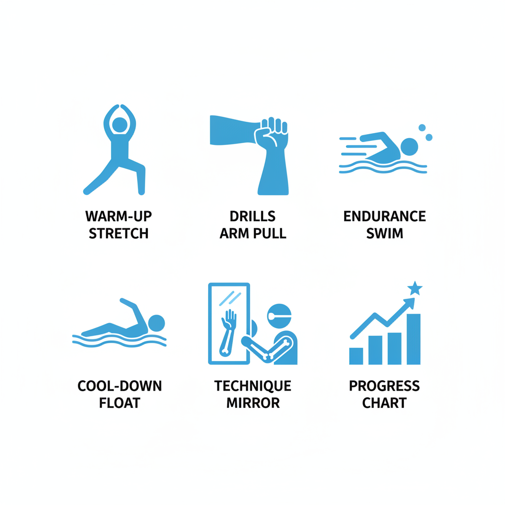 Grid of six icons illustrating swim training fundamentals: warm-up, drills, main sets, cool-down, technique assessment, and progress tracking.