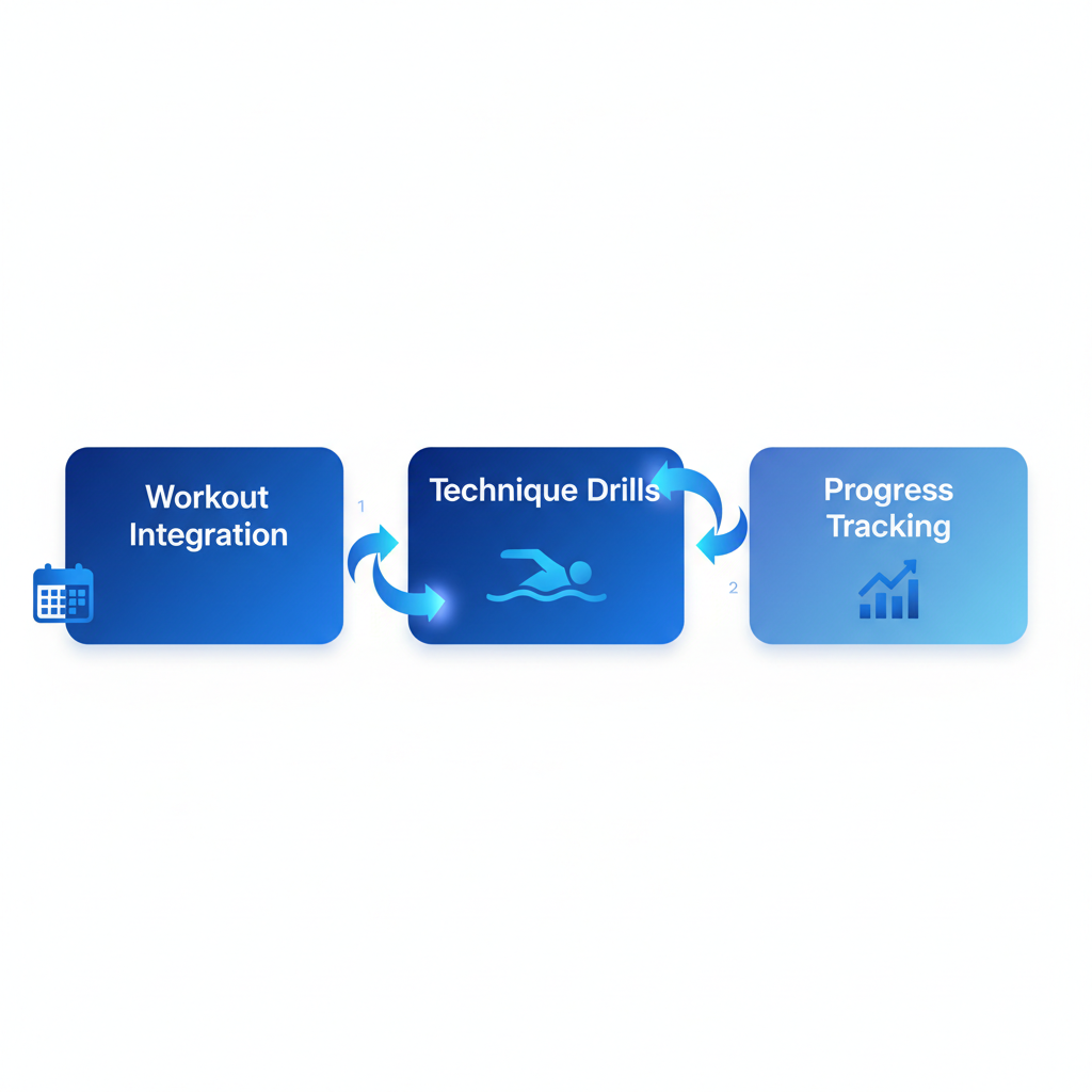 Horizontal process flow diagram illustrating three stages of swim workout integration, technique drills, and progress tracking.