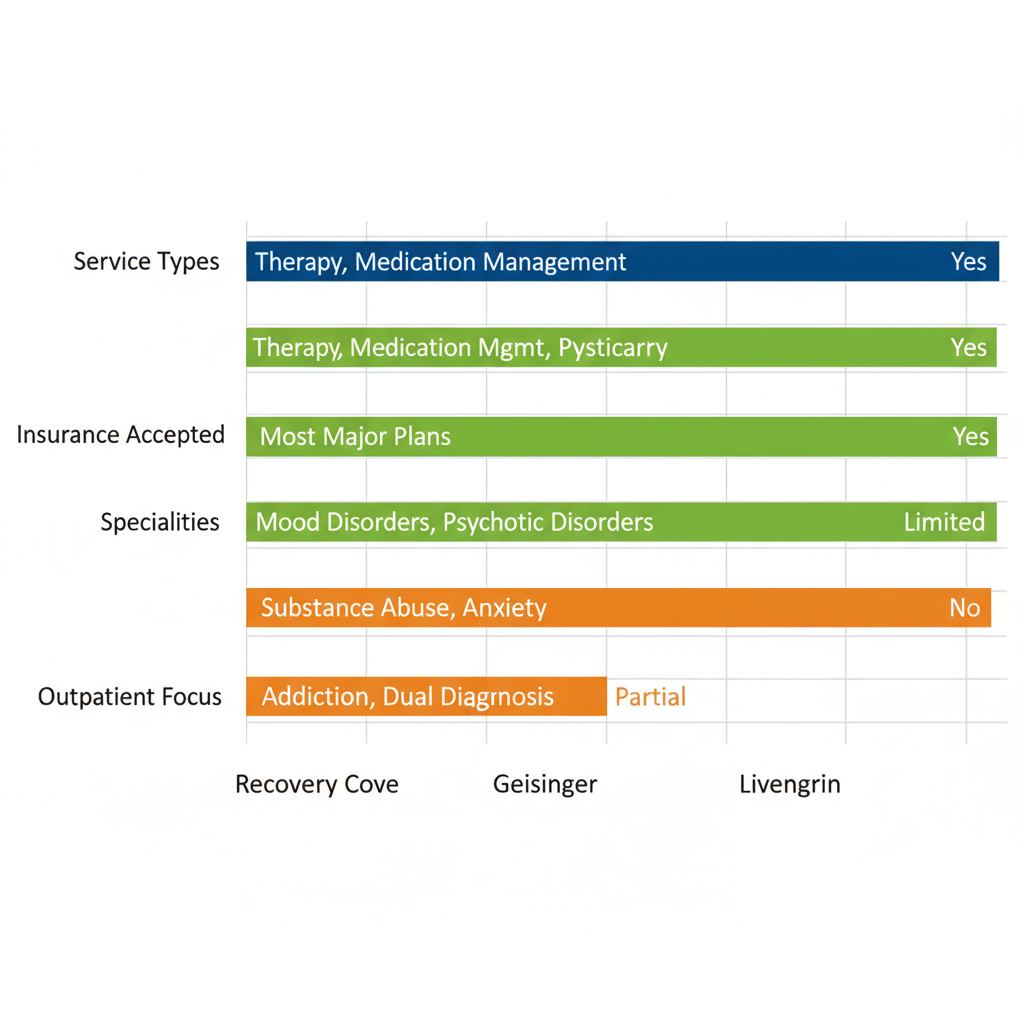 Horizontal bar chart comparing mental health providers Recovery Cove, Geisinger, and Livengrin by service types, insurance, specialties, and outpatient focus with color-coded bars and key labels.