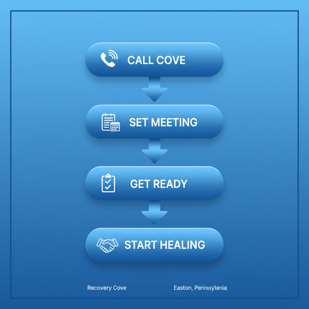Vertical process flow diagram showing five steps to start recovery at Recovery Cove with icons and brief labels