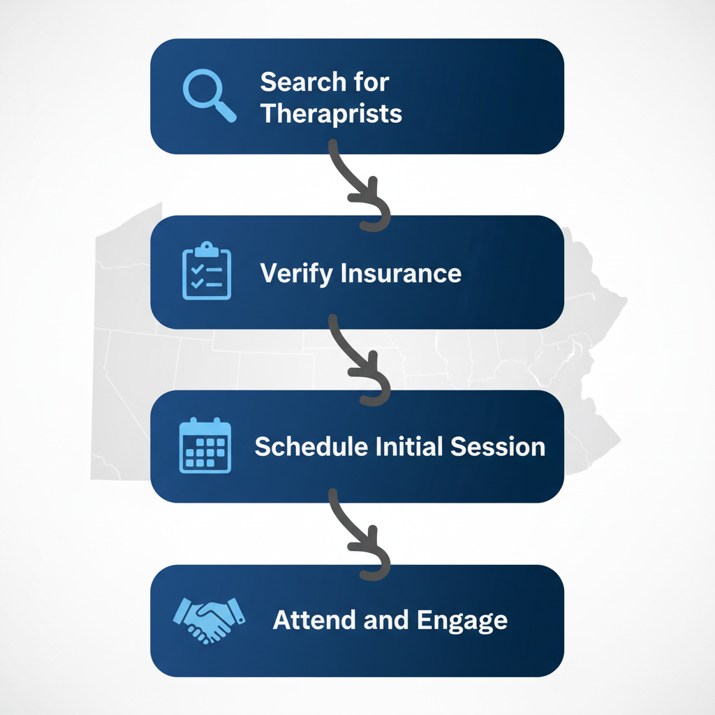 Vertical process flow diagram showing four steps to start CBT therapy in Allentown with icons and brief labels