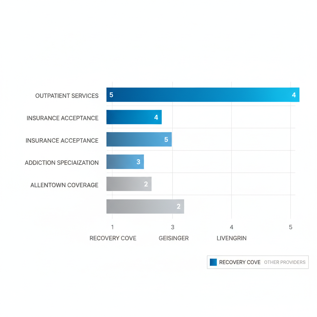 Horizontal bar chart comparing ratings of Recovery Cove, Geisinger, and Livengrin mental health providers in Lehigh Valley across service categories