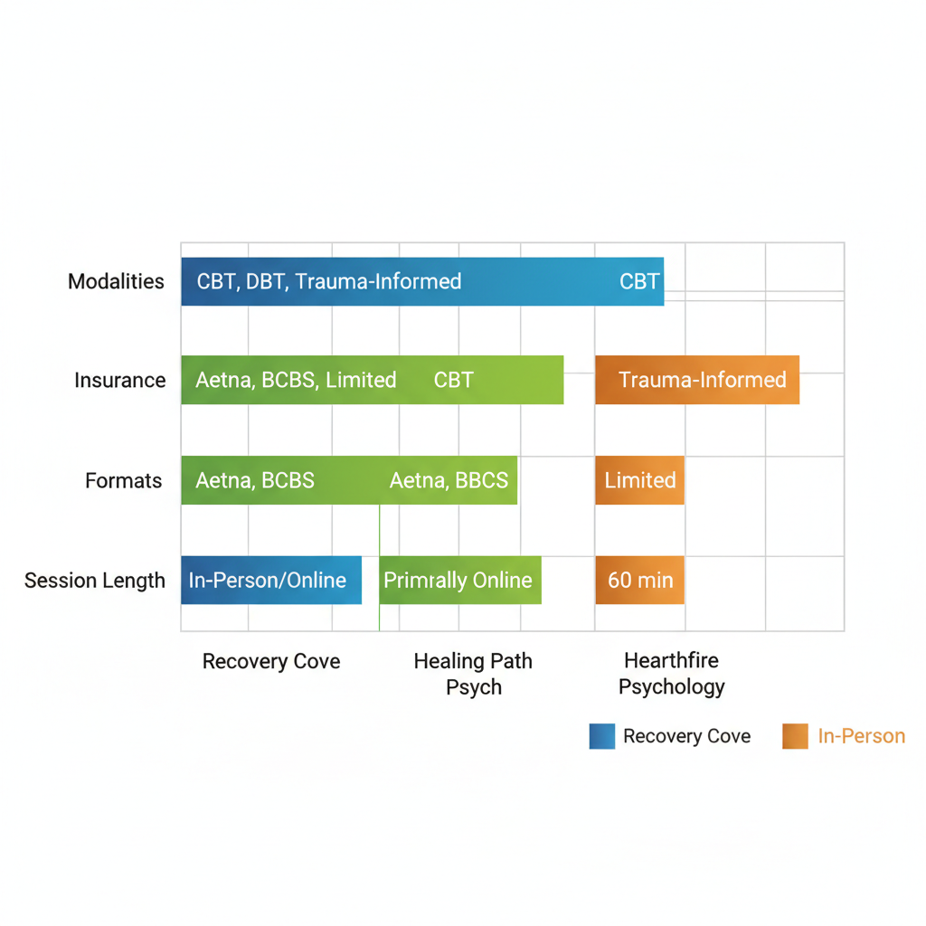 Horizontal bar chart comparing anxiety therapy providers in Allentown by modalities, insurance, formats, and session lengths