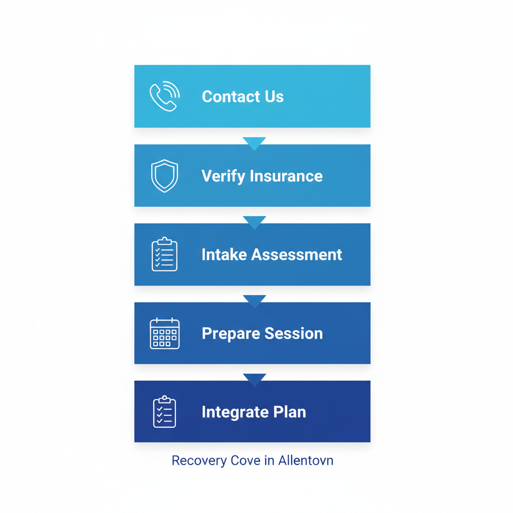 Vertical process flow diagram illustrating five steps to begin anxiety treatment at Recovery Cove: contact, insurance verification, intake assessment, session preparation, and personalized plan integration.