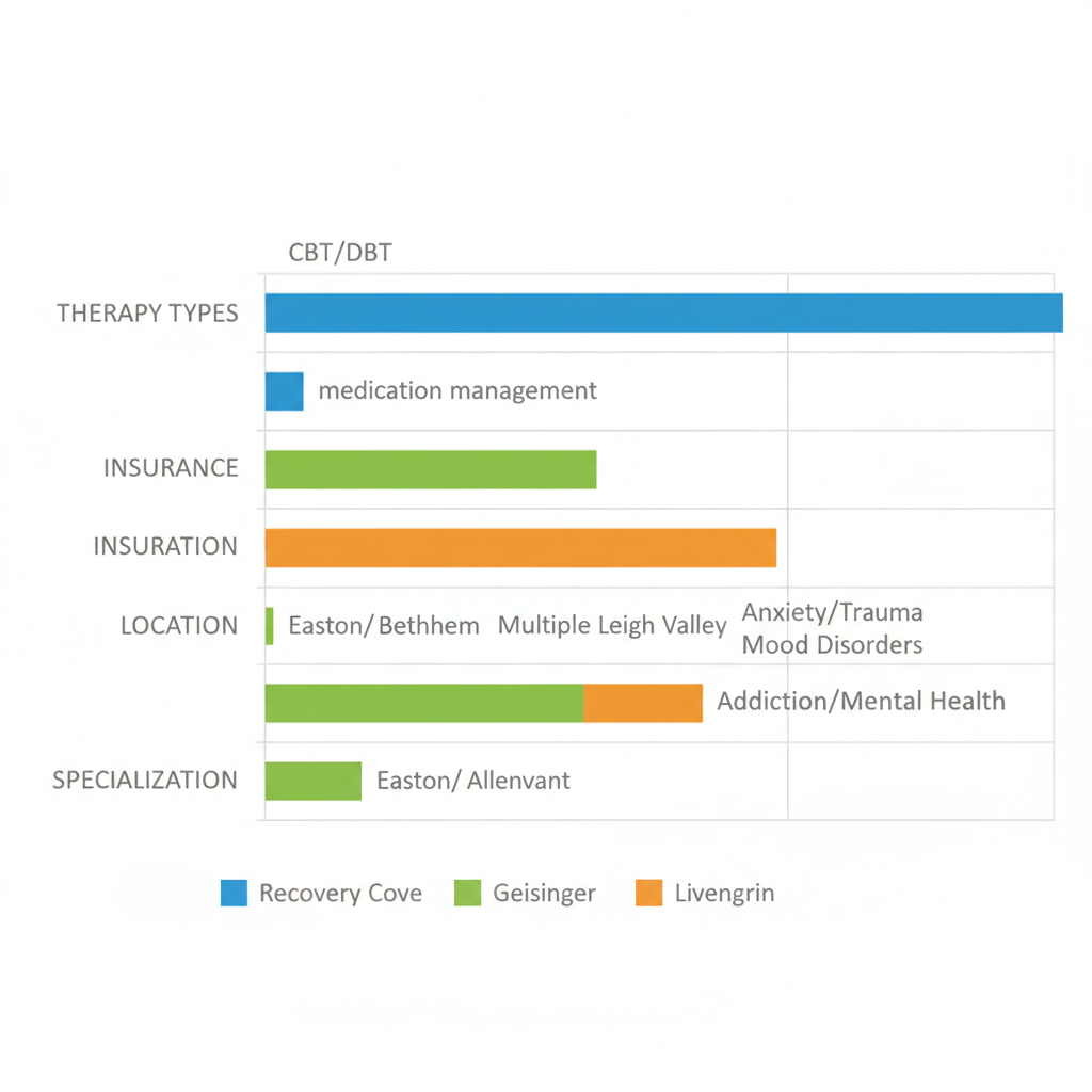 Horizontal bar chart comparing depression therapy providers in Easton: Recovery Cove, Geisinger, and Livengrin across therapy types, insurance, location, and specialization.