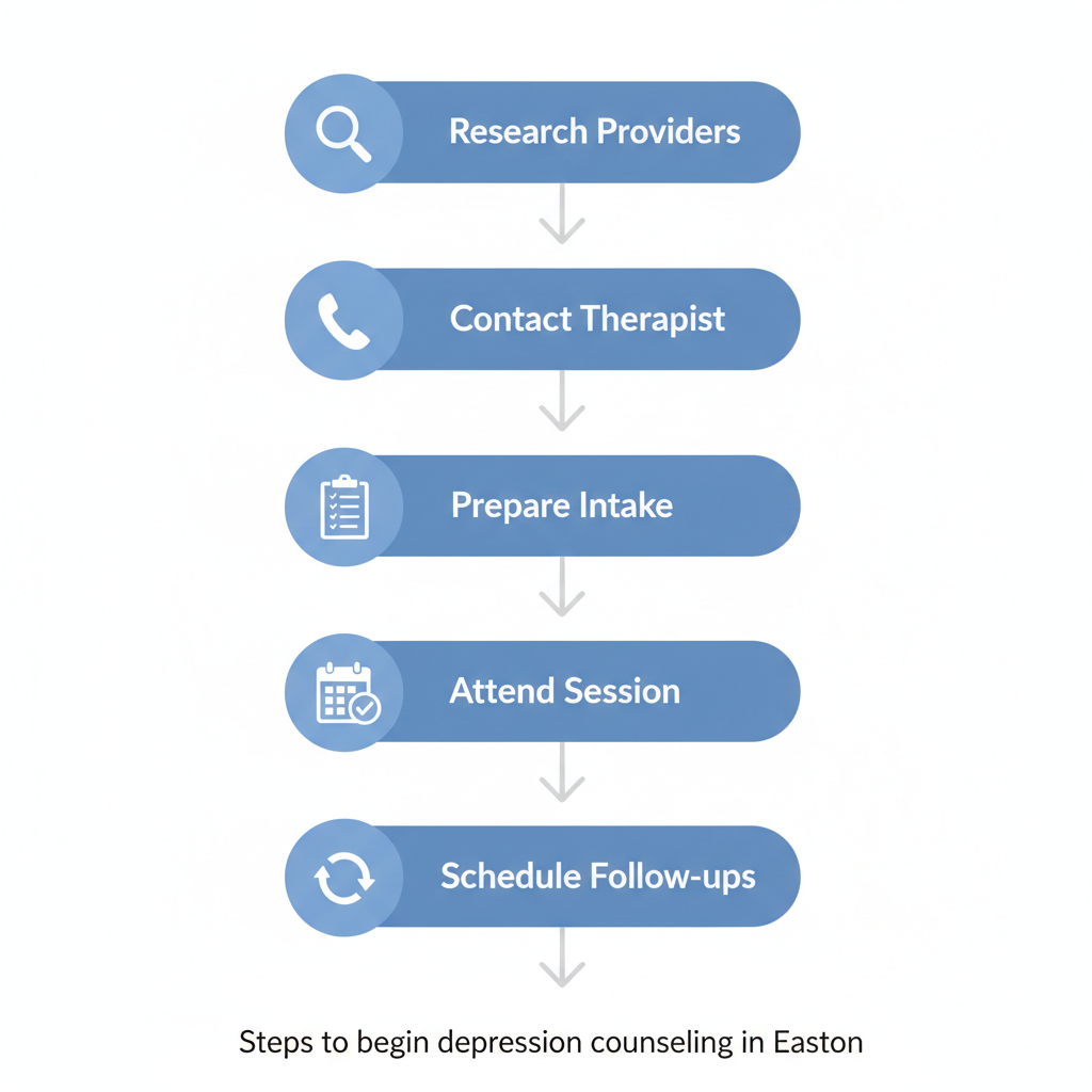 Vertical process flow diagram illustrating five steps to start depression counseling in Easton with icons and minimal labels.