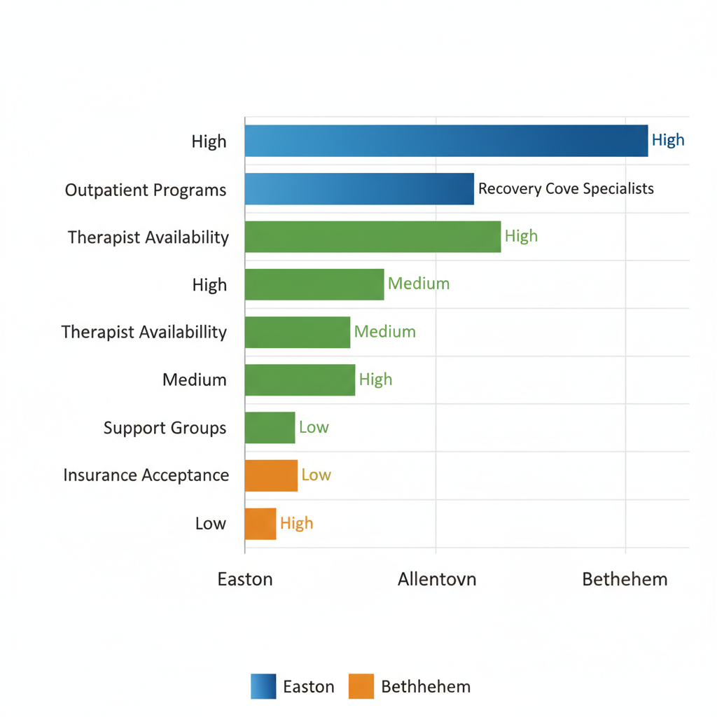 Horizontal bar chart comparing bipolar disorder resources availability in Easton, Allentown, and Bethlehem across outpatient programs, therapists, support groups, and insurance.