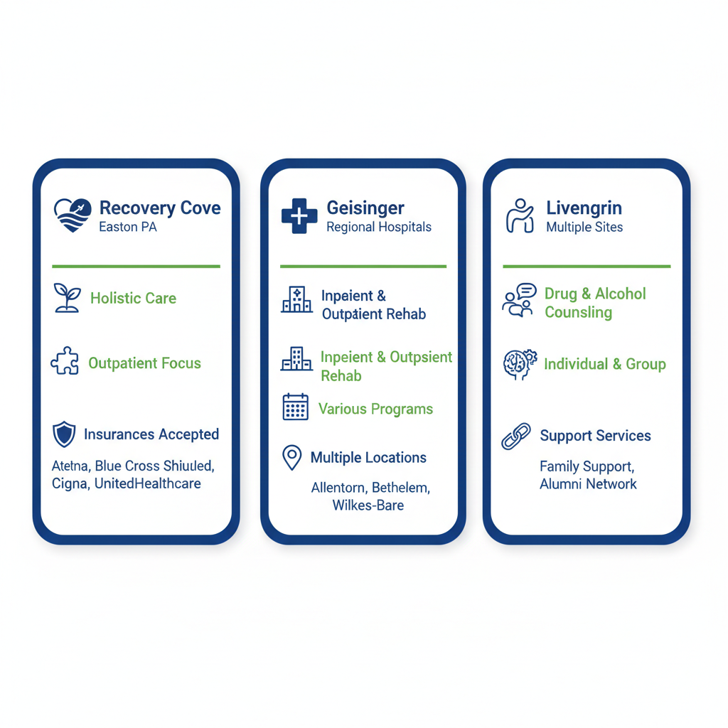 Infographic comparing Recovery Cove, Geisinger, and Livengrin recovery services in Lehigh Valley with icons and minimal labels