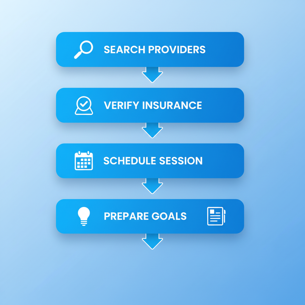 Vertical process flow diagram showing four steps to begin counseling: search providers, verify insurance, schedule session, and prepare goals.