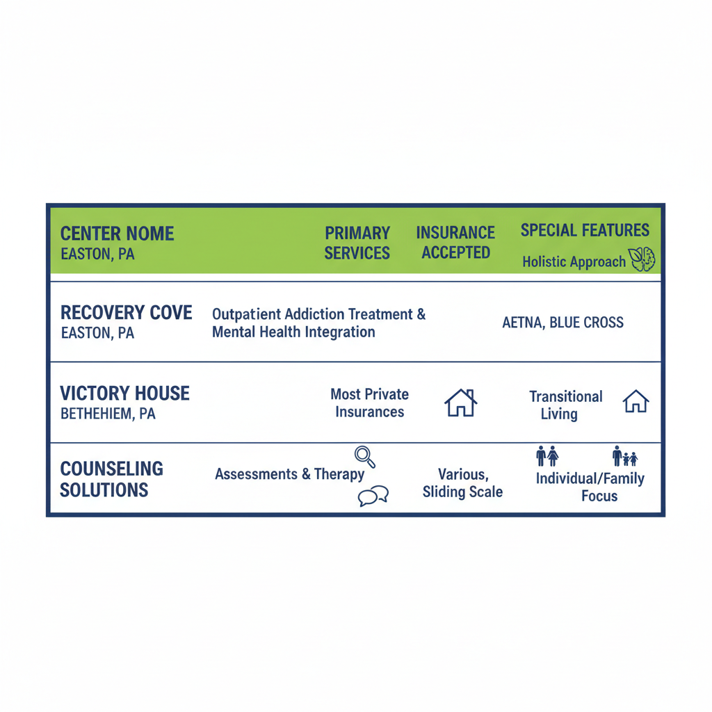Infographic comparing recovery centers in Lehigh Valley including Recovery Cove, Victory House, and Counseling Solutions with services and insurance details.
