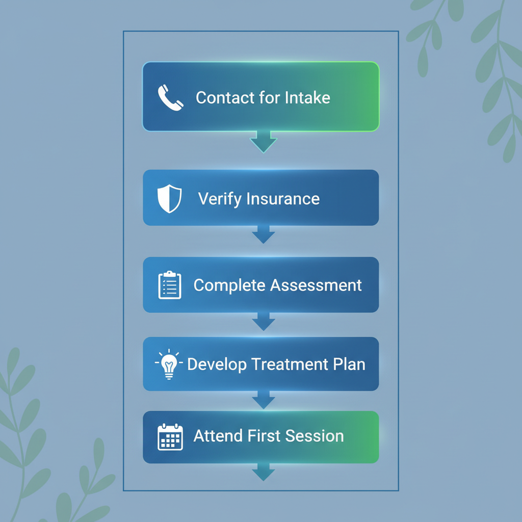 Vertical process flow diagram showing five steps to start recovery at Lehigh Valley outpatient centers: contact intake, verify insurance, assessment, treatment plan, first session.