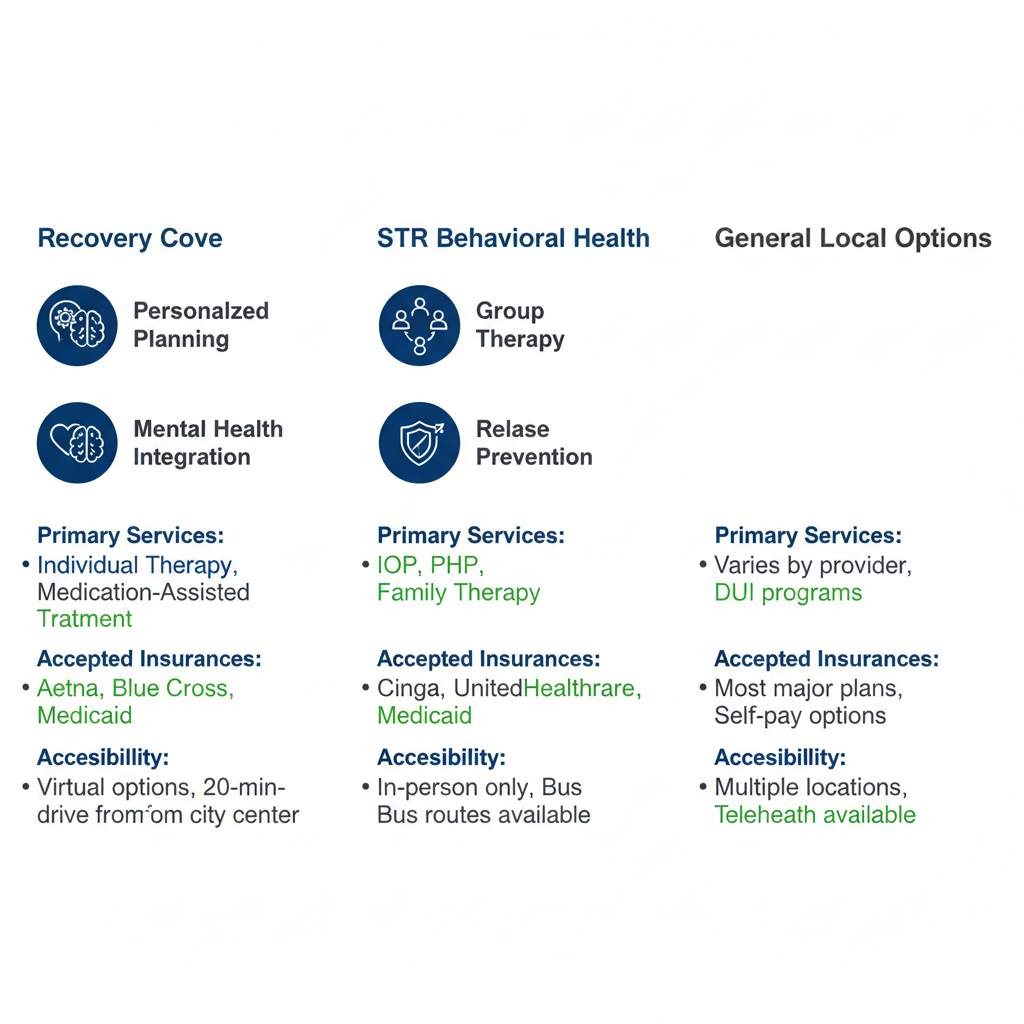 Infographic comparing outpatient addiction treatment centers in Allentown, PA, featuring Recovery Cove, STR Behavioral Health, and general options with services, insurances, and accessibility details