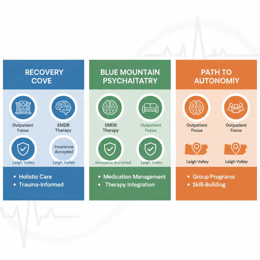 Infographic comparing PTSD treatment providers Recovery Cove, Blue Mountain Psychiatry, and Path to Autonomy in Lehigh Valley, highlighting outpatient services, EMDR, insurance, and locations.