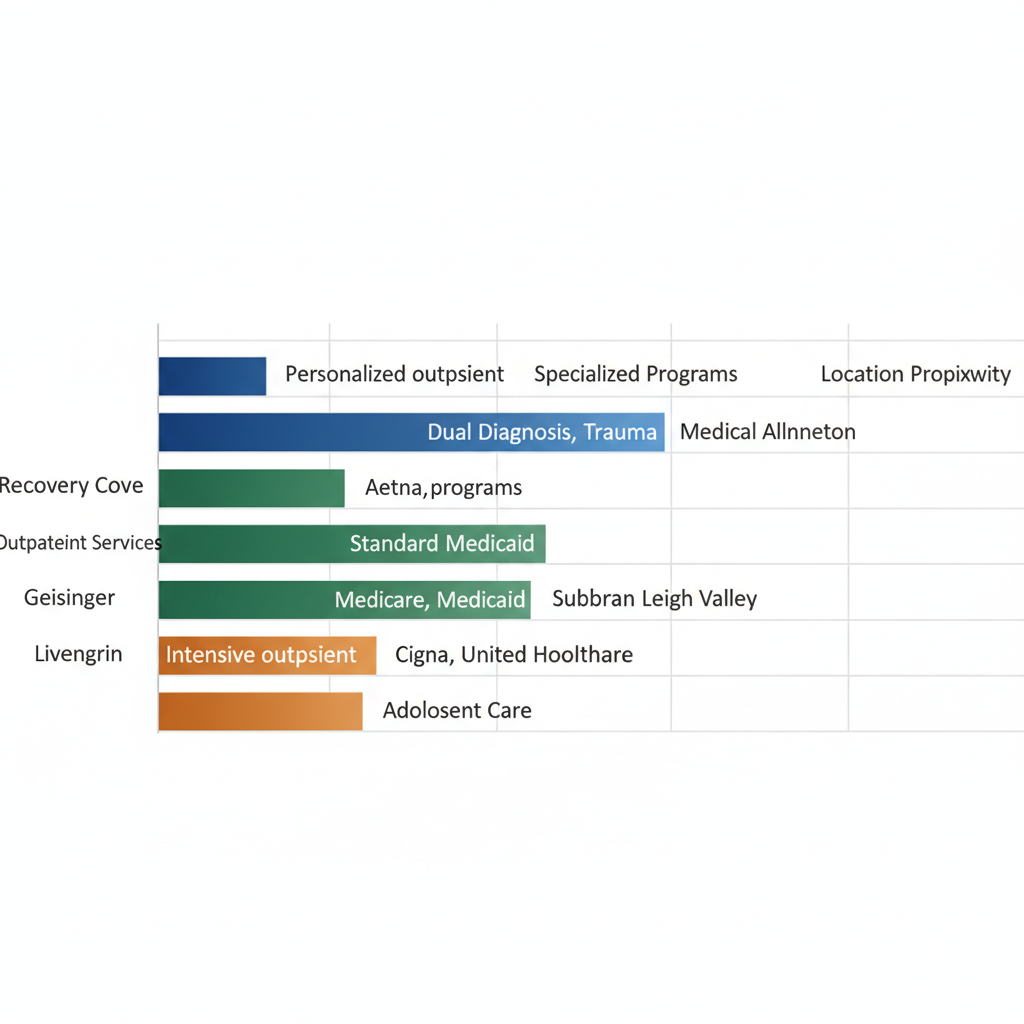 Horizontal bar chart comparing features of Recovery Cove, Geisinger, and Livengrin drug rehab centers in Allentown, PA