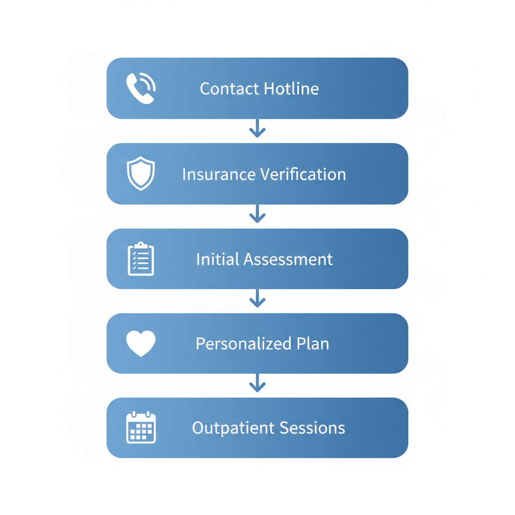 Vertical process flow illustrating five steps to initiate drug rehab in Allentown: contact, insurance verification, assessment, planning, and outpatient sessions.