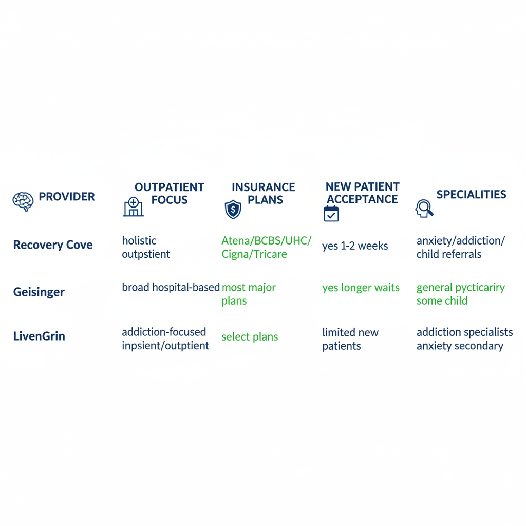Infographic comparing psychiatric services providers in the Bethlehem area including Recovery Cove, Geisinger, and LivenGrin
