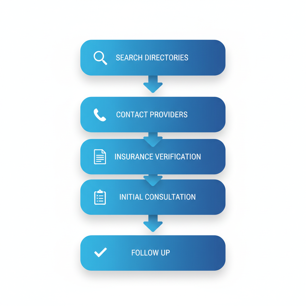 Vertical process flow diagram showing five steps to begin psychiatric treatment: search directories, contact providers, complete insurance verification, prepare consultation, and follow up on referrals.