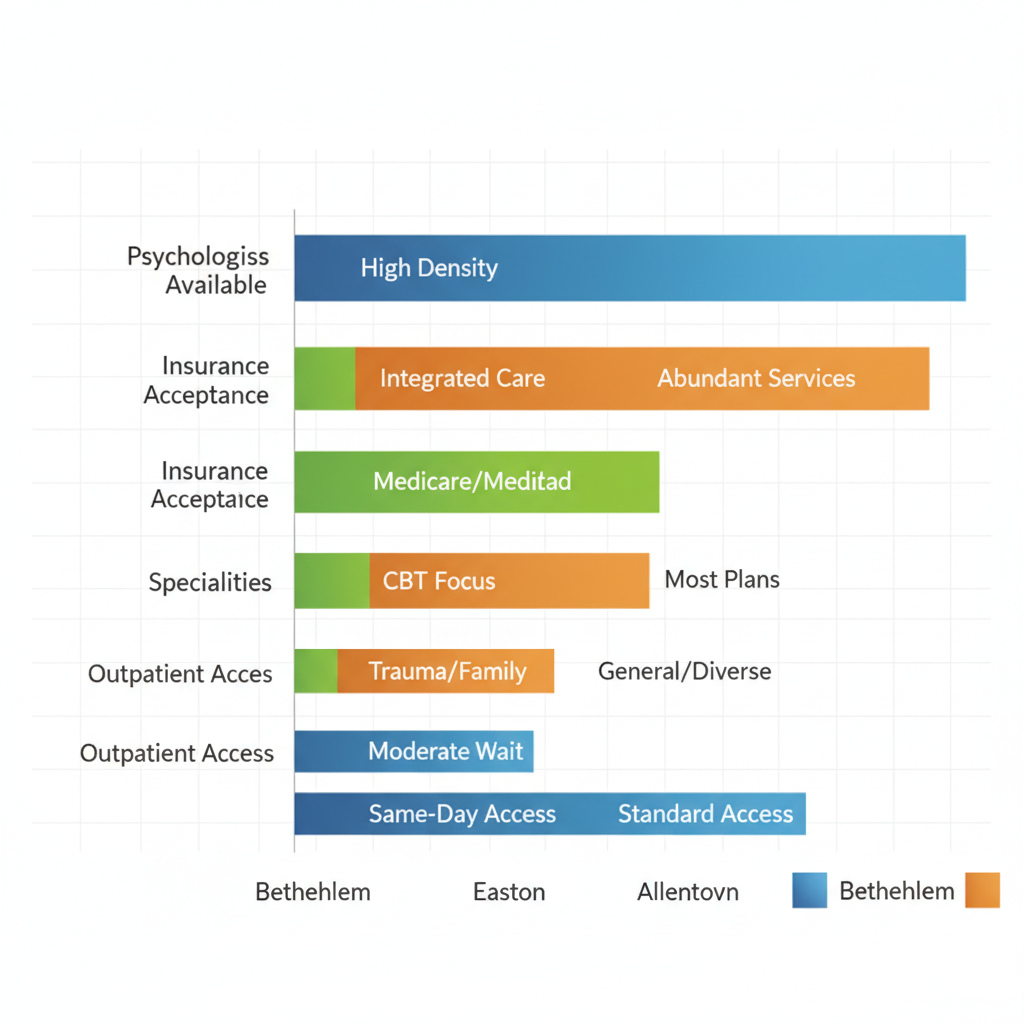 Horizontal bar chart comparing mental health service metrics in Bethlehem, Easton, and Allentown