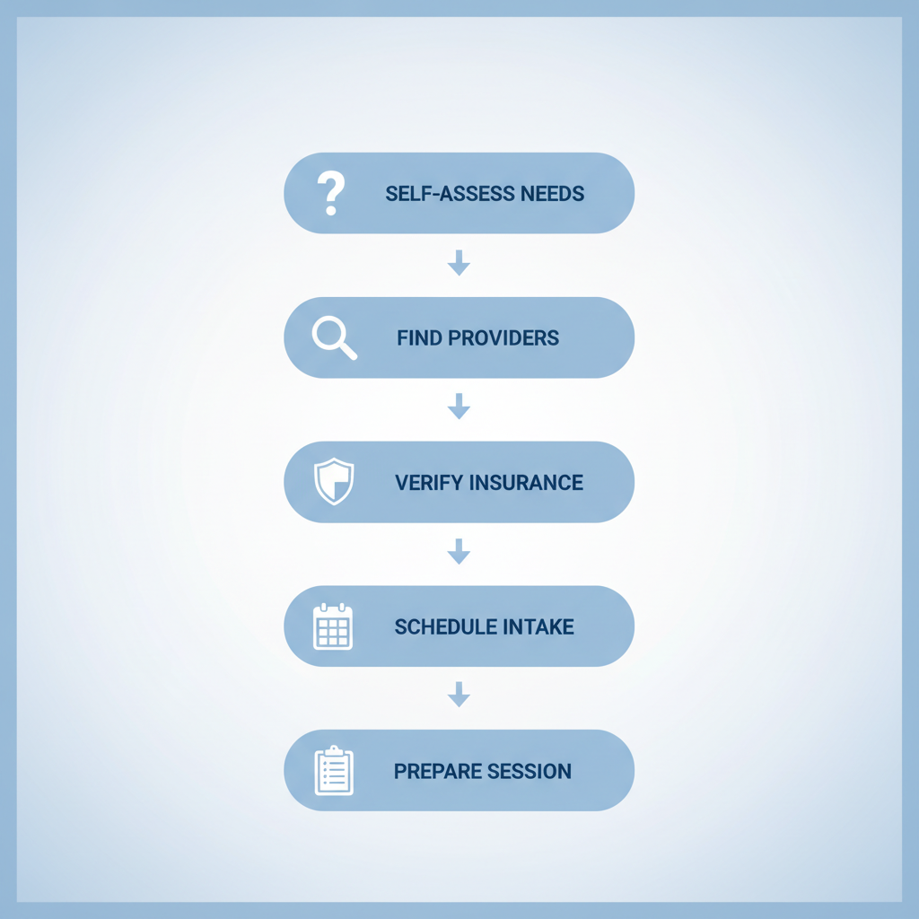Vertical process flow diagram illustrating five steps to start therapy in Bethlehem with icons for self-assessment, provider search, insurance verification, intake scheduling, and session preparation.