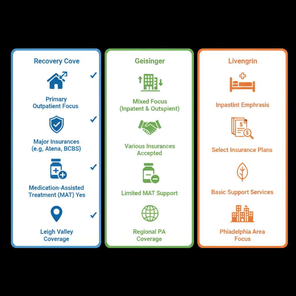 Infographic comparing alcohol and drug rehab centers in Allentown, PA including Recovery Cove, Geisinger, and Livengrin with icons for services and coverage