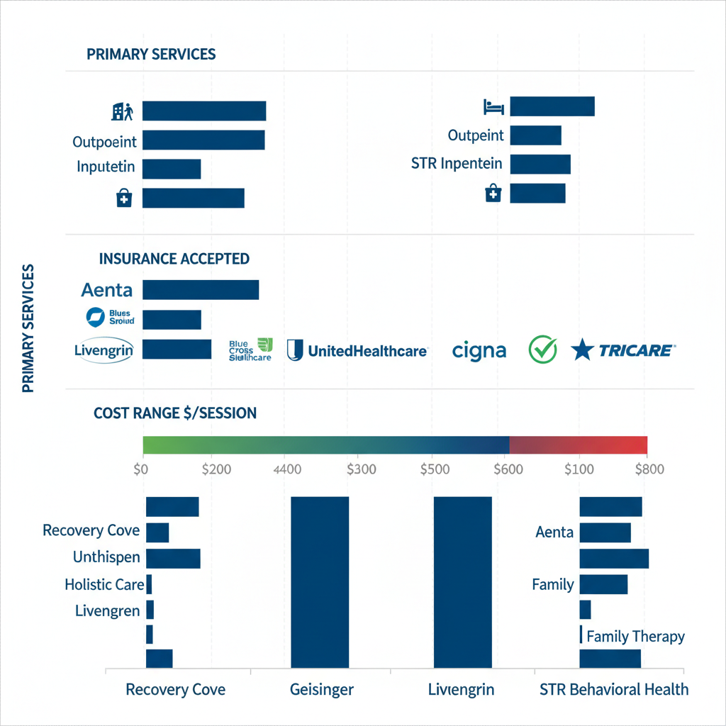 Horizontal bar chart comparing outpatient rehab providers in Allentown area by primary services, insurance accepted, cost range, and specialties for easy visual comparison.