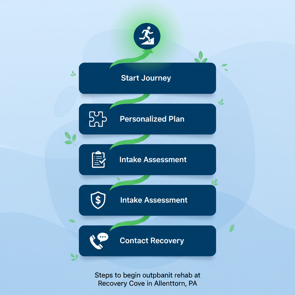 Vertical process flow diagram showing five steps to start recovery at Recovery Cove: contact, insurance submission, intake, planning, and journey start.
