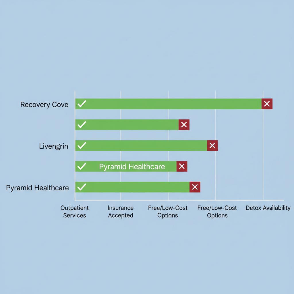 Horizontal bar chart comparing Recovery Cove, Livengrin, and Pyramid Healthcare on outpatient services, insurance acceptance, free options, and detox availability in Allentown.